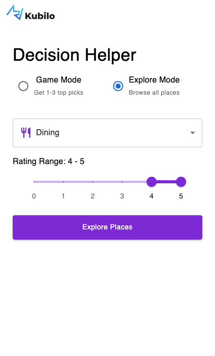 KubiHelper App Interface - Smart Location Search and Filtering Tool